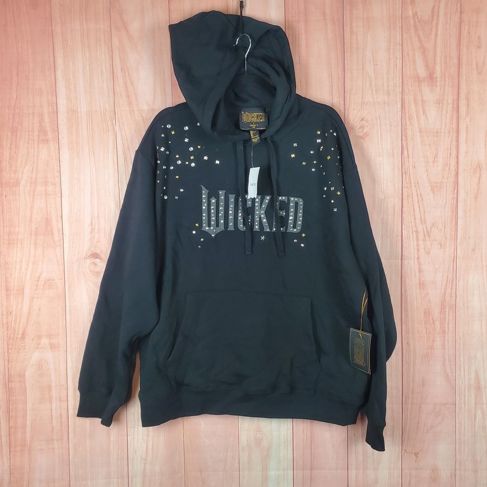 Forever 21 Wicked Hoodie Mens Large Black Cotton Rhinestone Logo Ribbed Winter